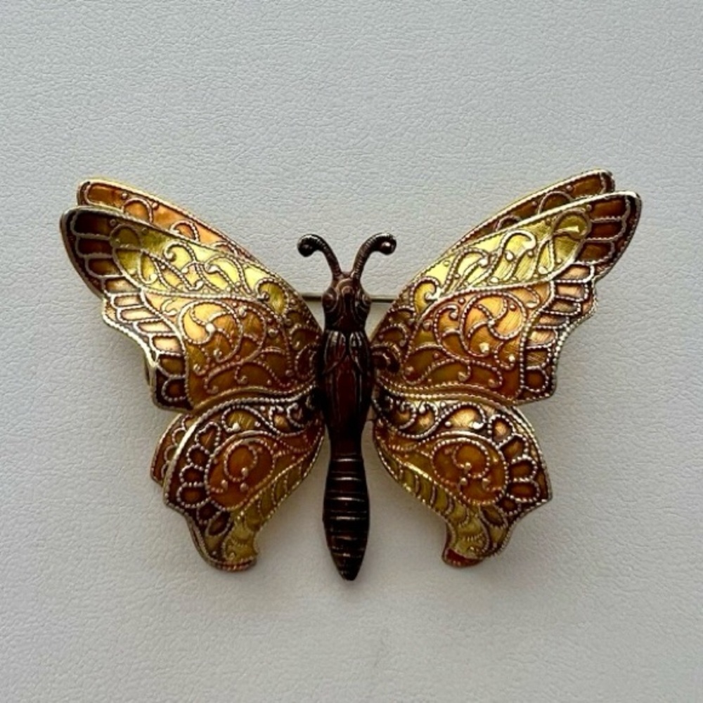 Vintage Butterfly Brooch Yellow Orange Colors Stamped West Germany Metal